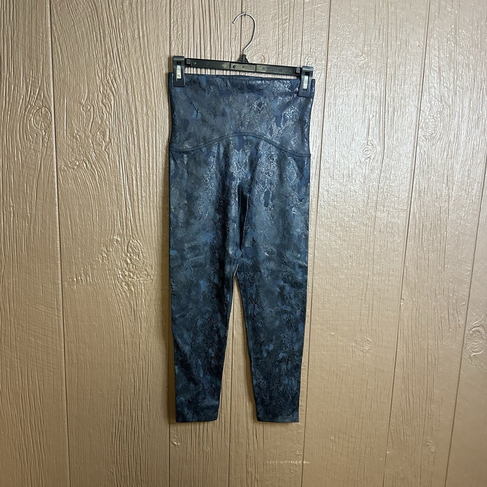 Spanx By Sara Blakely Leggings Faux Leather Navy Blue Reptile Sz S Seamless‎